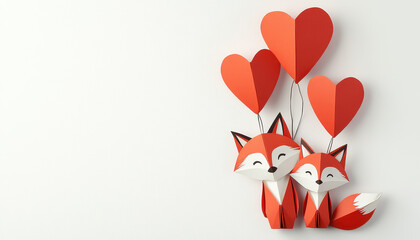 Fototapeta premium Adorable foxes with heart shaped balloons create charming Valentine theme, perfect for expressing love and affection. This delightful design captures essence of romance and joy