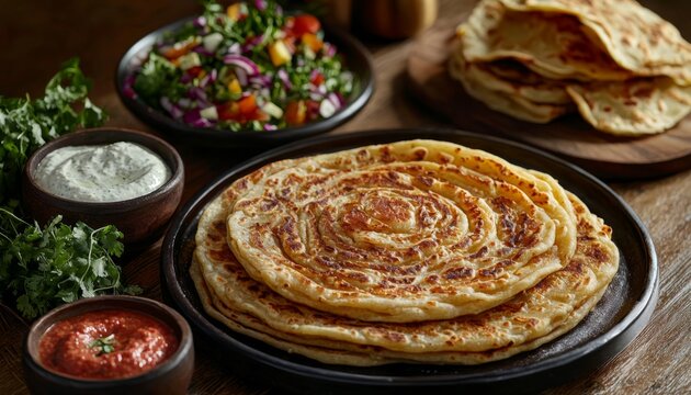 Malabari paratha, layered and crispy, presented alongside a bowl of savory curry and fresh herbs, made for a satisfying Iftar during Ramadan