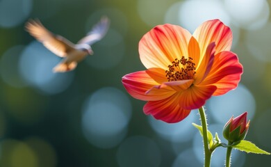Naklejka premium A vibrant image of pink flowers blooming in a field, with a bird soaring through a clear blue sky, symbolizing freedom, growth, and hope.
