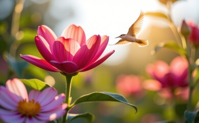 Fototapeta premium A vibrant image of pink flowers blooming in a field, with a bird soaring through a clear blue sky, symbolizing freedom, growth, and hope.