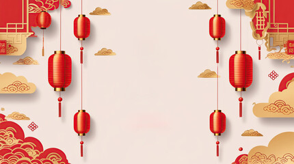 Chinese New Year banner background design in red and gold with detailed and realistic elements such as lanterns and clouds