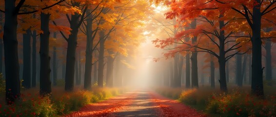 Harmonious autumn picture in colorful beech forest, with path in calm foggy atmosphere