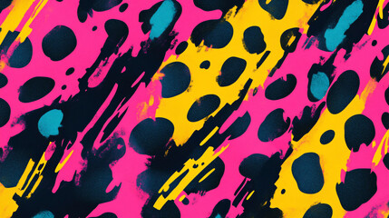 Obraz premium Abstract colorful pattern with pink, yellow, and teal spots and brushstrokes.