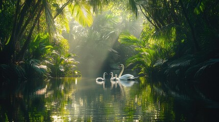 A serene scene of a white swan swimming on a calm body of water with two fluffy cygnets