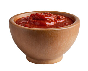 Bowl with tomato sauce isolated on transparent background, top view

