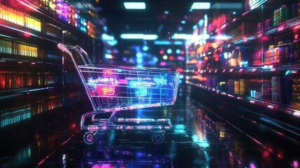 A digital, futuristic shopping cart set against a vibrant