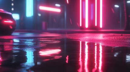Neon Reflections In Rainy City Night