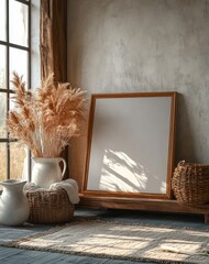 Cozy Still Life with Wooden Frame and Ceramic Pitcher in Scandinavian Interior