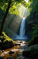 A peaceful corner of nature with a waterfall, free space for text on the side