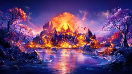 Fiery Volcanic Island Fantasy Landscape With Dragons