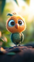 Fototapeta premium A cute, cartoonish bird with large eyes stands on a log in a lush, vibrant environment.