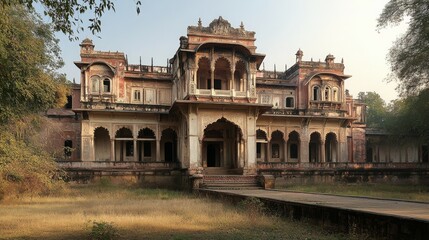 Fototapeta premium An old, ornate building surrounded by overgrown grass and trees.