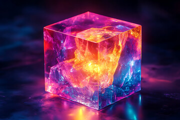Vibrant crystal cube illuminated with colorful light against a dark background, showcasing intricate textures