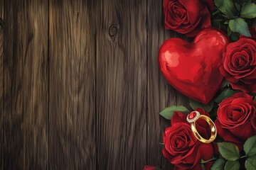 wedding card design featuring deep red roses, a sparkling golden wedding ring, and a bold red heart, set against a natural wooden background for a romantic and elegant presentation