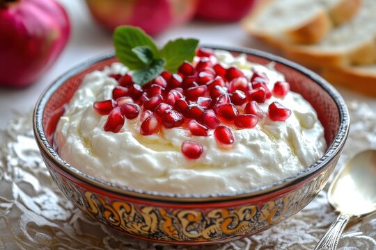 Yogurt labneh dip made from goat s milk served with taftan bread and pomegranate