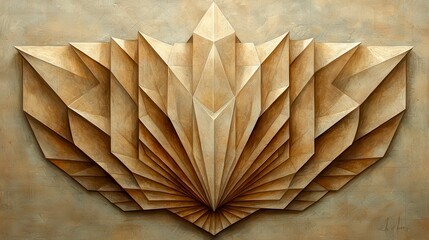 Abstract beige geometric art;  faceted, crystalline, symmetrical design.