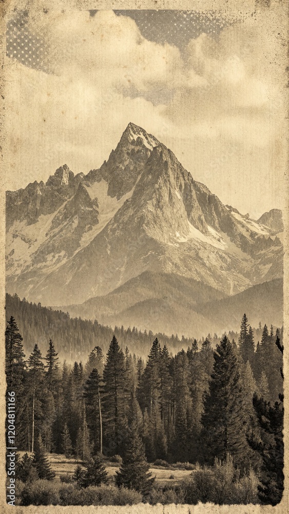 Poster a mountain range with a snow covered peak and a forest in the foreground