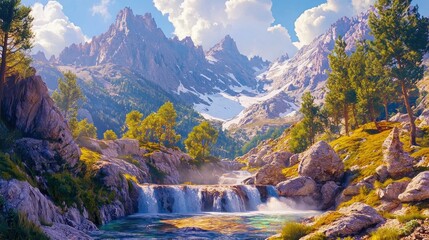 Mountain waterfall scene, sunny valley, cascading water, rocks, travel poster