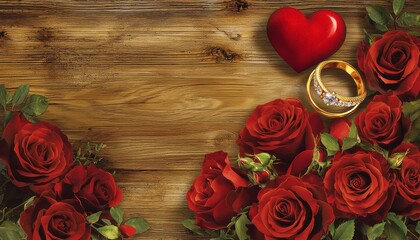 wedding card design featuring deep red roses, a sparkling golden wedding ring, and a bold red heart, set against a natural wooden background for a romantic and elegant presentation