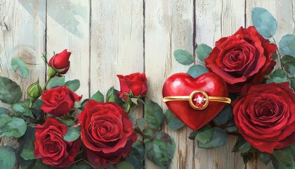 wedding card design featuring deep red roses, a sparkling golden wedding ring, and a bold red heart, set against a natural wooden background for a romantic and elegant presentation