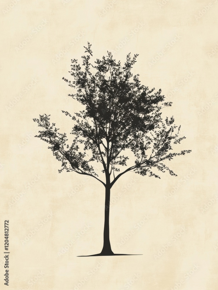 Fototapete elegant silhouette of a tall tree on textured background with natural elements and soft color tones.