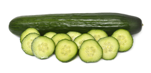 Cucumber whole and cut rings isolated on white background