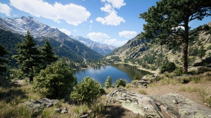 Obraz premium Mountain lake serene landscape, scenic view, travel poster