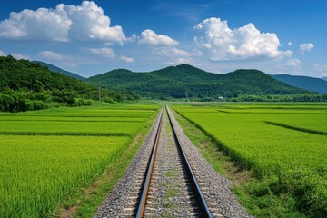 Fototapeta premium A Scenic View of Lush Green Fields with Rail Tracks Leading into the Countryside Under a Bright Blue Sky and Fluffy White Clouds