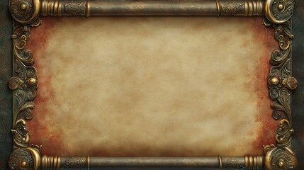 Ornate metal frame, parchment background, vintage design, studio shot, invitation template
