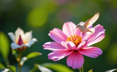 Fototapeta premium A vibrant image of pink flowers blooming in a field, with a bird soaring through a clear blue sky, symbolizing freedom, growth, and hope.