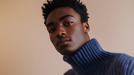 Obraz premium Portrait of a young man in a blue turtleneck sweater.