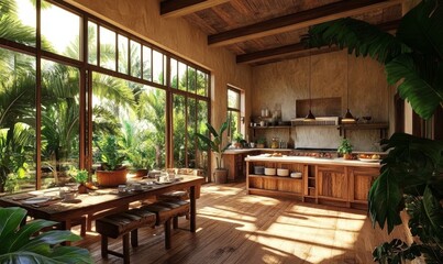 Fototapeta premium Sunlit Tropical Kitchen with Wooden Furniture and Lush Greenery