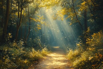 Obraz premium Sunlight Pathway Through Vivid Forest Foliage at Dawn
