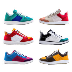 Colorful sneakers arranged in a vibrant display. transparent background
