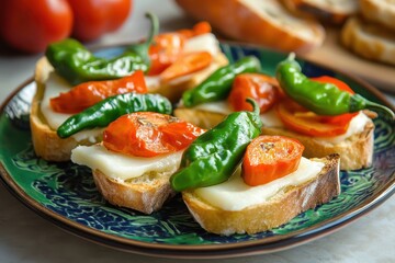 Traditional Spanish starter bread with tomato Manchego cheese and Padron peppers