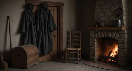 Obraz premium Rustic Interior with Fireplace and Antique Clothing