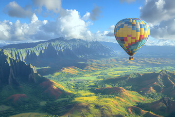 Fototapeta premium Colorful Hot Air Balloon Soaring Over Majestic Mountain Landscape at Dawn