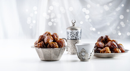 Ramadan background with dates fruits in white bokeh background