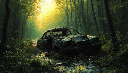 Wild Boar Causing Car Accident on Forest Road with Lush Greenery and Diffused Light