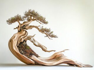 Fototapeta premium Artistic bonsai tree with twisted trunk and branches, showcasing nature's elegance indoors.