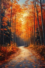 Obraz premium Sunlight Filtering Through Foliage on Forest Pathway at Dawn