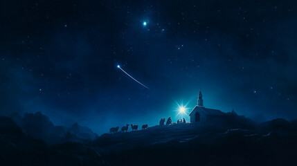 Serene Nativity Scene Under a Star-Filled Night Sky with Radiant Star and Three Wise Men Approaching in Peaceful Reverence







