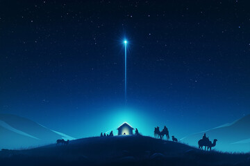 Fototapeta premium Serene Nativity Scene Under a Star-Filled Night Sky with Radiant Star and Three Wise Men Approaching in Peaceful Reverence