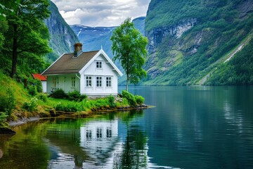 Fototapeta premium A serene lakeside house surrounded by lush greenery and majestic mountains, reflecting beautifully in the calm water.