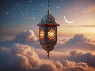 A glowing ornate lantern with colorful stained glass, suspended in a dreamy sky surrounded by clouds, stars, and a crescent moon at sunset.