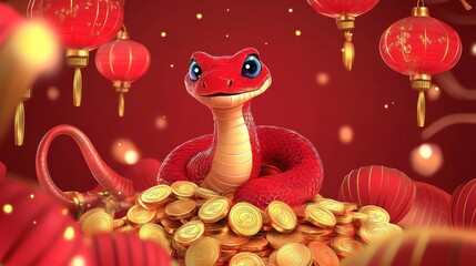 A vibrant, festive illustration featuring a cartoonish red snake surrounded by gold coins and lanterns, symbolizing prosperity and celebration.