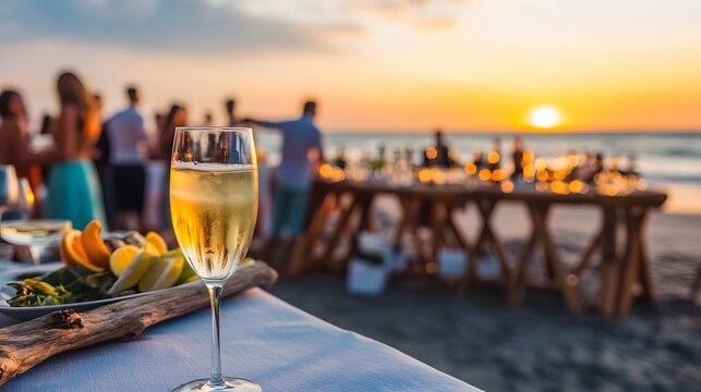 A glass of white wine sits on a table at a beach sunset party.  People are enjoying a meal and drinks as the sun sets over the ocean.