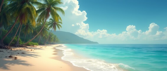 Tropical sandy ocean beach with palm trees, vintage