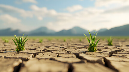 Green Grass Growing on Cracked Dry Soil Landscape Under Blue Sky