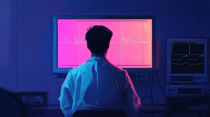 Doctor looking at vital signs monitor, modern healthcare technology, digital medical solutions, back view animation Triadic Color Scheme